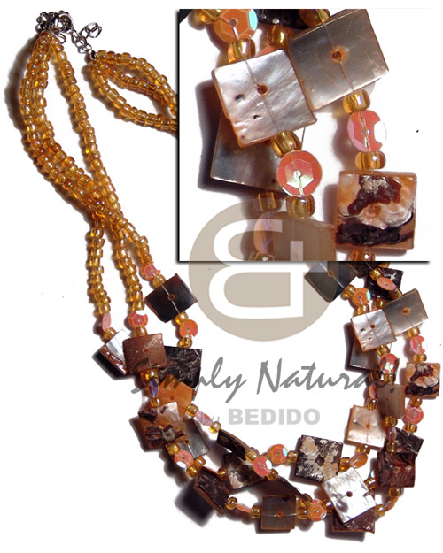 3 rows orange hammershell 12mm chips  skin and glass beads combination - Home
