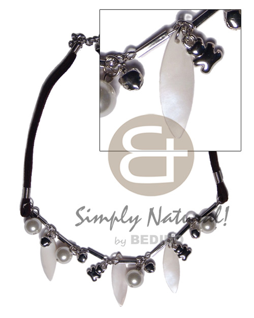 dangling 30mmx10mm kabibe shells  metal, pearl beads and double layer leather thong combination - Home