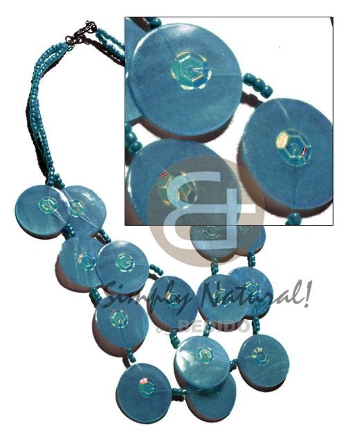 25mm subdued blue capiz shells in graduated layer 18"/16" ( 16 pcs.)  sequins accent and matching glass beads combination - Home