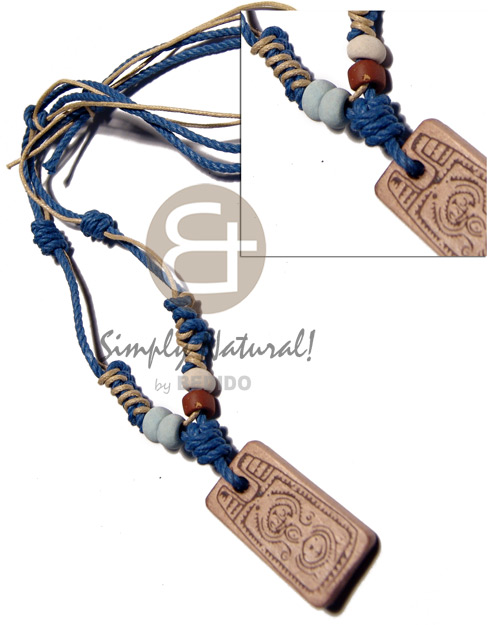 4 layers wax cord in blue/ beige  tones combination   35mmx20mm rectangular wood  burning pendant / adjustable - Home