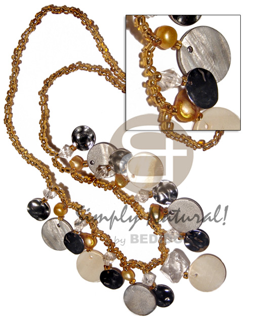 golden glass beads  dangling 20mm 7pcs.nat. white and silver kabibe shells  pearl beads and crystals accent / 22in - Home