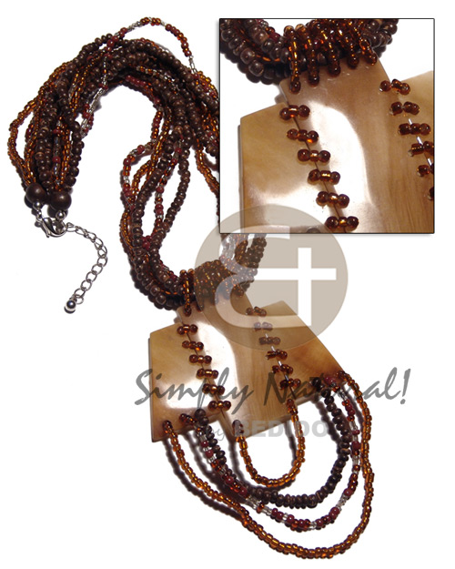 6 rows 2-3mm coco Pokalet nat. brown and amber glass beads combination  dangling weaved 3 pcs. of 38mmx25mm / 50mmx27mm / 38mmx25mm natural horn and glass beads pendant / 16in - Home