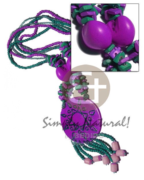 3 layers 2-3mm coco Pokalet  and glass beads  kukui nuts, coco square cut and tassled buri seeds and 60mm hapdpainted and laminated 60mm capiz shell / dark orchid and sea green combination  / 22in. - Home
