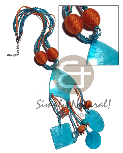 tassled 5 rows glass bds & wax cord  wrapped 18mm semi-round wood bds accent  65mmx50mm kite shaped laminated capiz  pendant  dangling 40mmx30mm oval & 30mm round, 35mm sq capiz,wood beads / 16in plus 2.5in tassles / aqua & orange combination - Home
