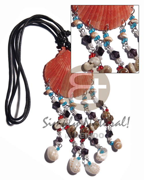 red limpet shell  dangling shells - bonium, moonshell etc..in adjustable wax cord / 3.5in tassles - Home