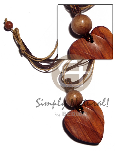 4 layers leather thong & wax cord combination  20mm wood beads and 48mmx48mm grooved heart bayong (15mm thickness) pendant/20in - Home