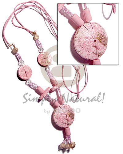 2 layers pink wax cord   20mm flat round wood beads in textured brush paint pink/metallic gold combination  and matching tassled round embossed  35mm wood pendant / 28in - Home