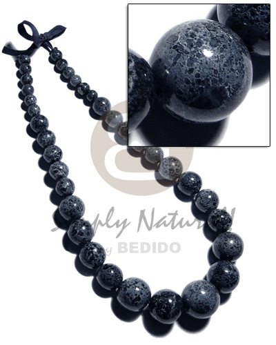 35 pcs. of  round wood beads graduated sizes- 30mm/25mm/20mm/15mm/10mm in high gloss polished paint in ribbon / in marbleized blue-gray tones - Home