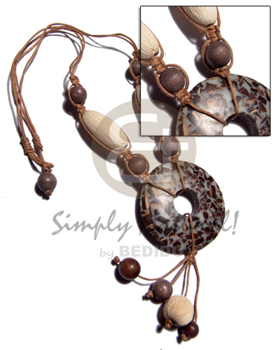 tassled 50mm donut coco chips in resin  texture wood bead combination and 2 layers wax cord neckline / 20in - Home