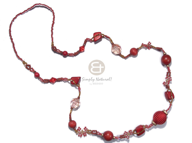 dark red and amber glass beads  matching dark red wood beads, acrylic crystals combination / 32in - Home