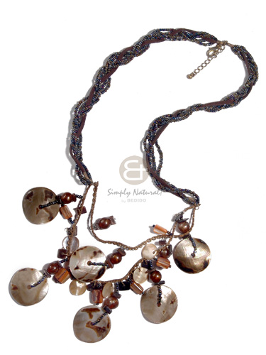 flat twisted 2 rows rainbow glass beads and one brown leather thong  2 graduated rows of metal chain  dangling  6 pcs 30mm brownlip tiger, 4 pcs. 10mm round brownlip and other shell accents /  22/in/24in - Home