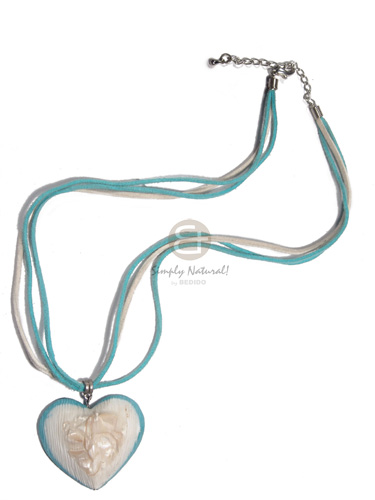 3 rows leather thong  matching textured resin 40mmx45mm heart  embedded troca chips/ aqua blue and white tones / 16in - Home