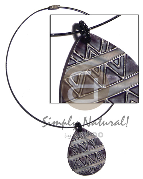 coated black cable wire neckline  handpainted and colored teardrop 60mmx48mm  kabibe shell pendant embellished  elevated /embossed metallic paint accent lines / gray and silver tones / 18in - Home
