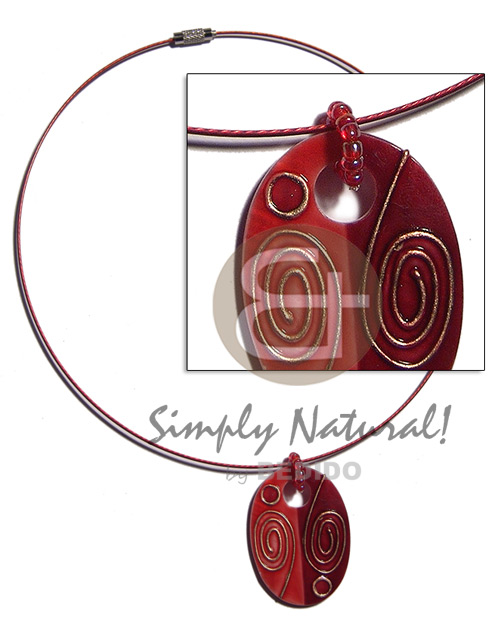 coated red cable wire handpainted and colored oval 40mmx30mm kabibe shell pendant embellished  elevated /embossed metallic paint accent lines / red and gold tones - Home
