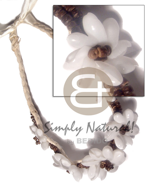 braided flat abaca choker  5 pcs flower bubble shells and 4-5mm coco Pokalet nat. brown accent  / 16in.  braided abaca  20in extender ribbon - Home