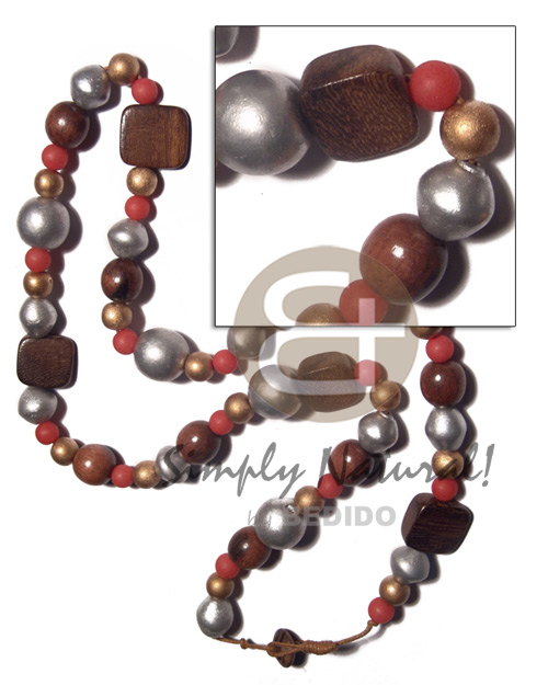 asstd. wood beads in nat. brown, gold, light red , silver tones  sliced melon 20mmx10mmx5mm robles wood accent in wax cord / knotted cord   wood beads stopper / 30in - Home