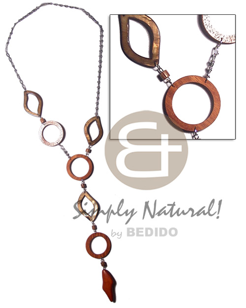 metal chain  3 pcs, 40mm wood rings, 3pcs laminated kabibe eyelet shells and dangling 50mmx20mm freeform wood accent / 24in plus 7in dangling accent - Home