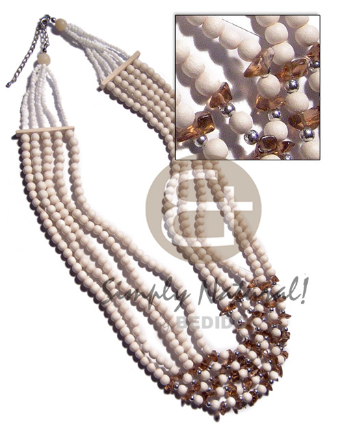 5 graduated layers of 6mm round bleached nat. wood  white glass beads and acrylic crystal combination / 18in/20in/22in/24in/26in / ext chain - Home