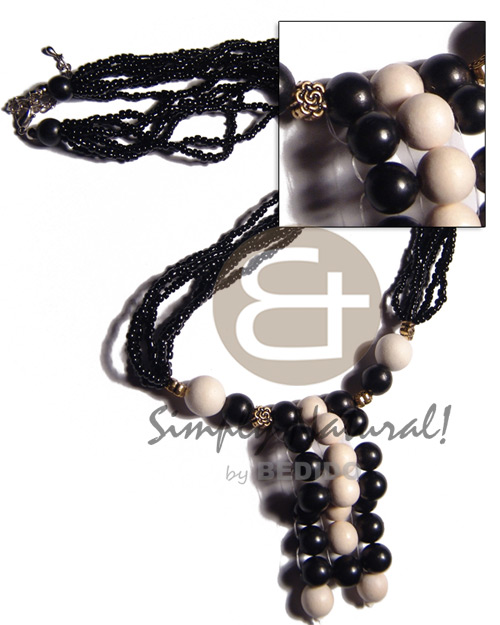 black and white  tones of 10mm wood beads in 6 rows glass beads / 20in /  ext. chain - Home