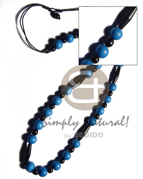 12mm bright blue wood bead alternating 8mm black wood beads and black football  wood beads on 2 rows black wax cord / 32in - Home