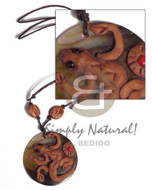 40mm round blacklip shell  clay lizard /adjustable brown wax cord /tribal clay series - Home