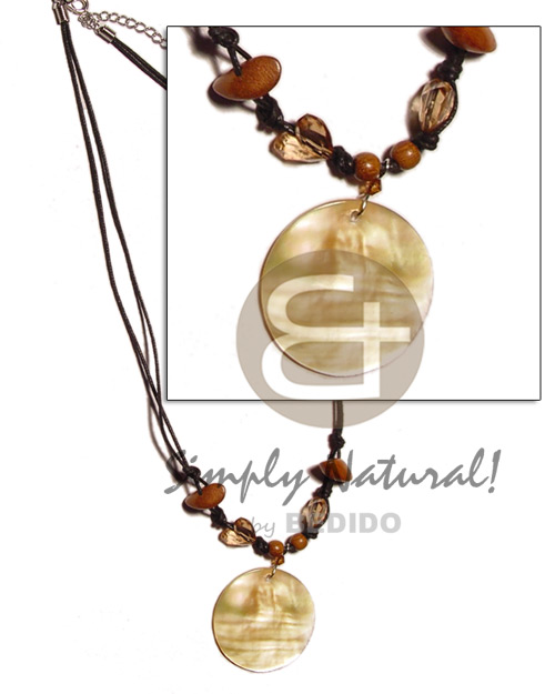 40mm MOP round pendant  wood beads, crystal and wax cord - Home