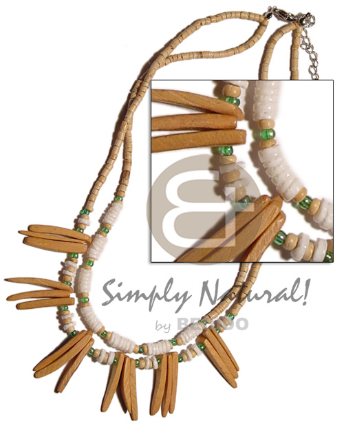 2 rows 2-3mm coco heishe nat.  white clam,indian sticks & green beads combination - Home