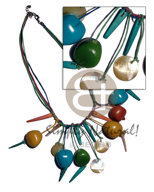 bora bora necklace- dangling colored kukui nuts  indian stick & round nat. white hammershell accent and 3 layer wax cord - Home