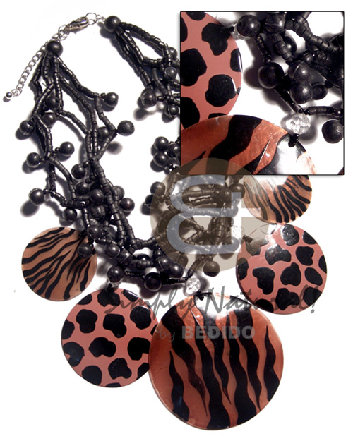 5 layers 2-3mm black coco heishe  black wood beads combination  and dangling brown 5 pcs. capiz shells  animal prints - 2pcs. 40mm/ 2pcs. 50mm/ one pc. 70mm / 16in - Home