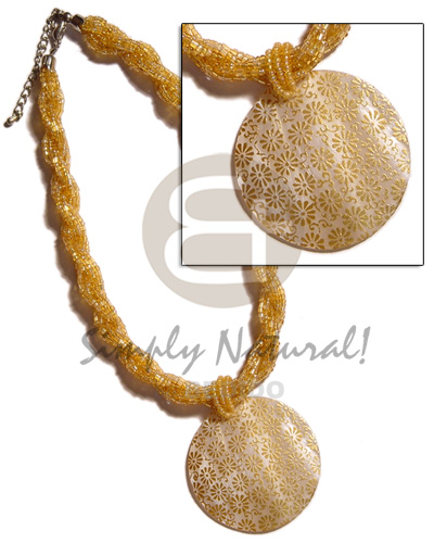 12 rows yellow gold twisted glass beads  matching round 50mm embossed/handpainted hammershell pendant - Home