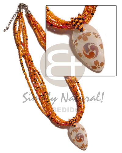 6 rows orange multi layered glass beads  35mm inverted hammershell teardrop handpainted/embossed  pendant - Home