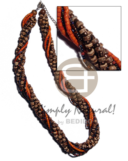 10 rows - 4-5mm tiger coco Pokalet/ 2-3mm orange coco heishe &  glass beads combination / - Home