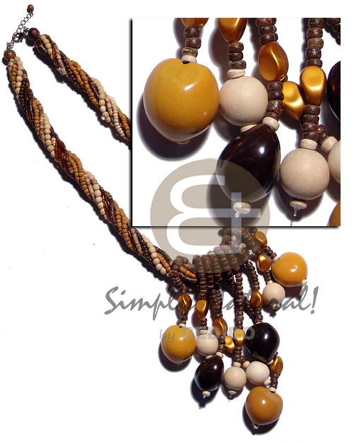10 rows - 2-3mm brown tones coco Pokalet & heishe/ nat. white wood beads &  cut glass beads combination  tassled mustard kukui nuts, 15mm nat. white round wood beads and gold chips accent - Home