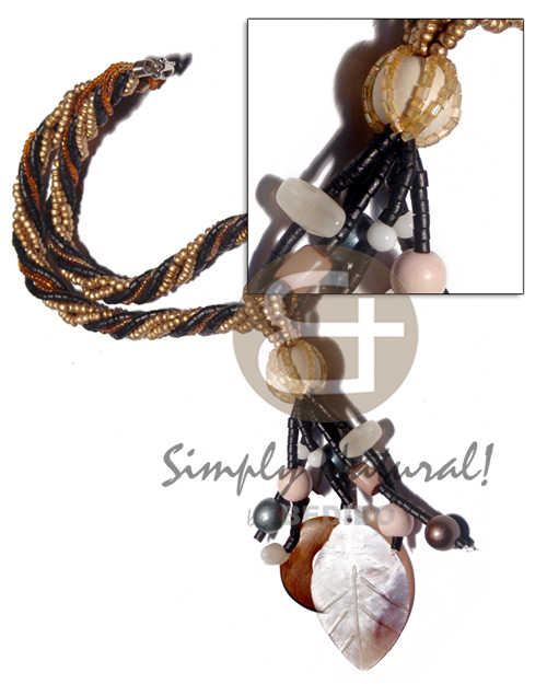 6 layers twisted 2-3mm coco Pokalet in metallic gold, 2-3mm coco heishe black, amber glass beads  tassled wood beads. wood ring 35mm and hammershell 50mmx30mm leaf / 16 in. plus 2.5in. tassles - Home