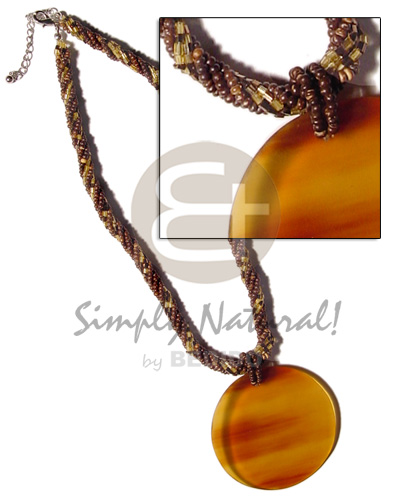 twisted 2-3mm nat. brown coco Pokalet. & glass beads  40mm round amber bone pendant - Home