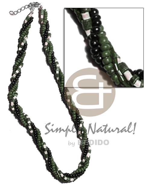 twisted 4 rows-2-3mm coco heishe bleach white/olive green/ 2-3mm coco Pokalet. olive green/black & glass beads - Home