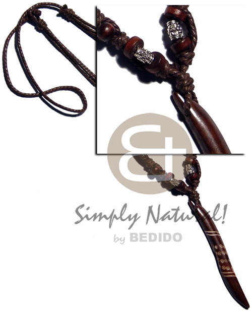 tribal carved 80mmx10mm wooden  pendant  coco Pokalet/wood beads accent in double wax cord / 23in. - Home