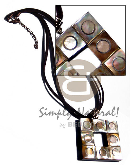 double leather thong  45mmx45mm square laminated brownlip  inlaid metal rings and resin backing pendant - Home