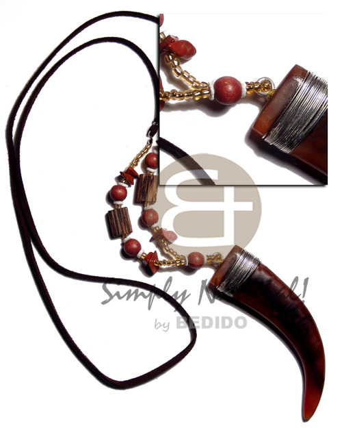 90mmx23mm carabao amber horn tusk pendant in leather thong  wood beads accents / 32 in - Home