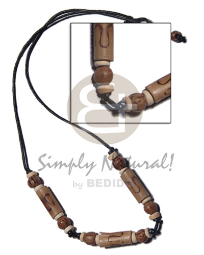bamboo tube  burning and palmwood beads combination on a wax cord / 16in - Home