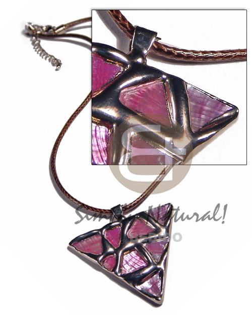 triangle 50mm glistening pink abalone    shiny brown woven cord neckline / molten silver metal series /  attached 5mm bell ring / electroplated/ 18in - Home
