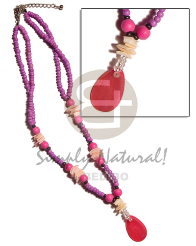 2 rows 2-3mm pink coco Pokalet  pink rose & wood beads combination and 25mm pink hammershell teardrop pendant - Home