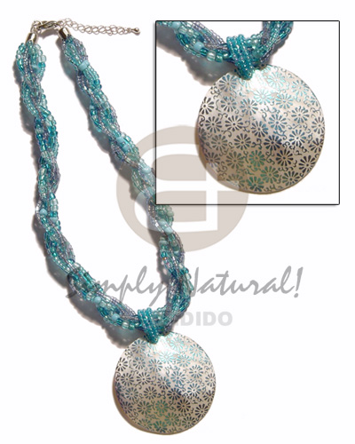 12 rows aqua blue twisted glass beads  matching round handpainted/embossed 45mm hammershell pendant - Home