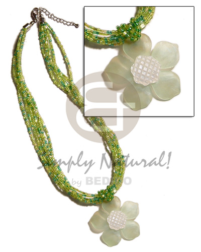 6 rows lime green  multi layered glass beads  pastel green 45mm flower hammershell pendant  grooved nectar - Home