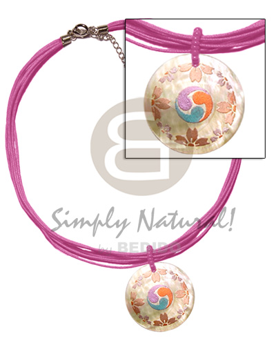 6 layer pink wax cord  matching 40mm round handpainted hammershell pendant - Home