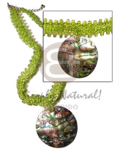 lime green glass beads flat choker  matching 40mm round paua abalone pendant - Home