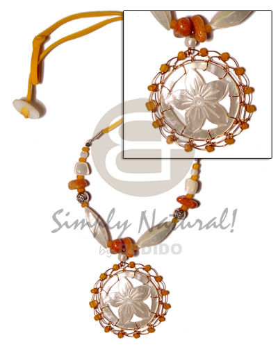 carved round floral MOP  brass wire & glass beads in wax cord  troca garlic and coral beads - Home
