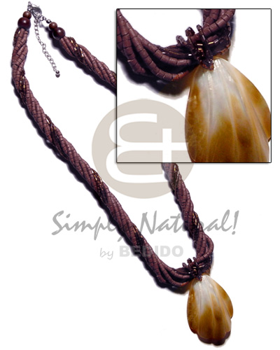 5 rows warm brown 2-3mm coco heishe & 3 rows glass beads twisted   50mm brownlip pendant - Home