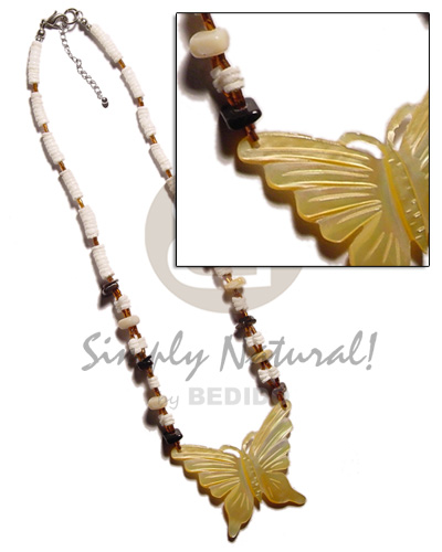 4-5mm white clam  shells & glass beads combination & 45mm carved MOP butterfly pendant - Home