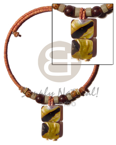 rust 2-3mm coco heishe wire choker  buri & wood beads accent  dangling two 20mmx25mm rectangular blacklip tiger  resin backing pendant - Home